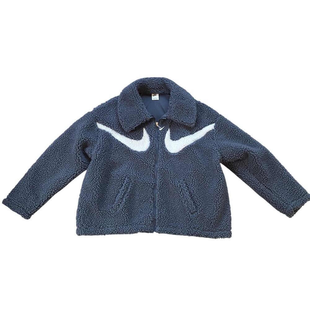 Nike Double Swoosh Sherpa Faux Fur Teddy Blue Full-Zip Jacket Size L - Picture 4 of 12